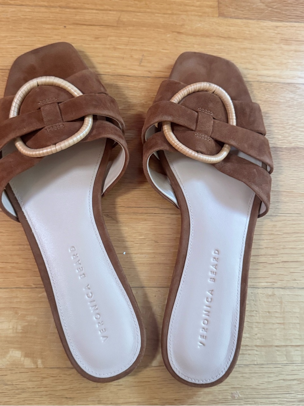 Veronica Beard Tan Suede Slide Mules with Woven Ring Detail